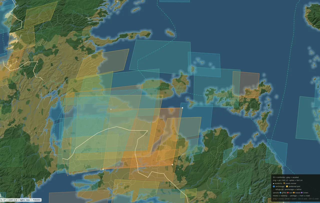 Resource areas around the Tāmaki isthmus. Blue for fishing and mahinga kai, orange for kūmara gardens, yellow for cropland.