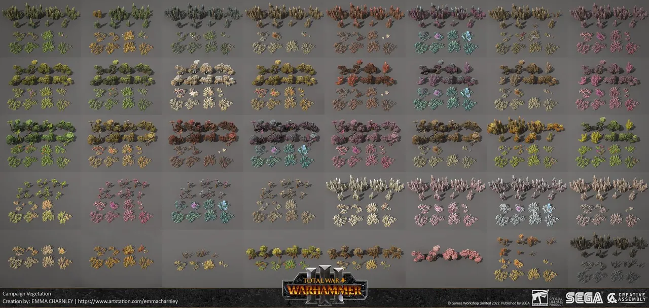 Emma Charnley, campaign vegetation for Total War: Warhammer III. Each block is one kit recoloured into a different colour scheme. Creative Assembly / SEGA, 2022.