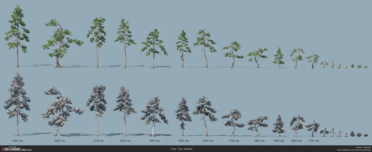 Michal Gutowski, pine growth series for Total War: Three Kingdoms, with snow versions below. Creative Assembly / SEGA.