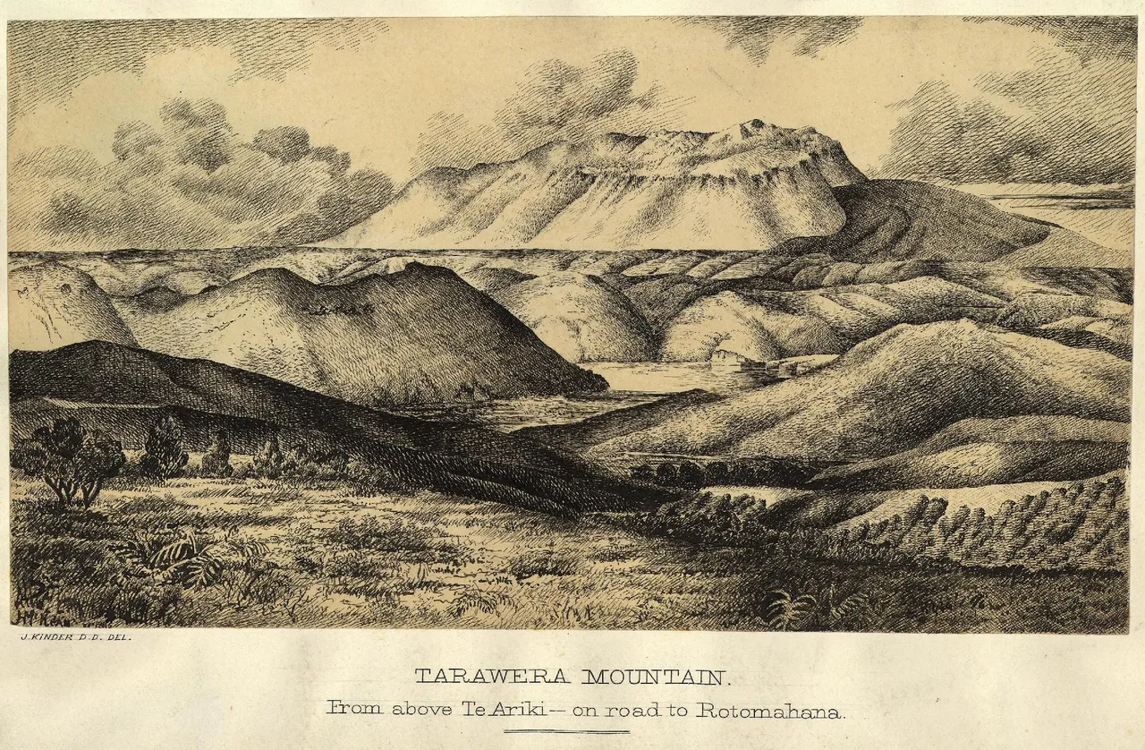 John Kinder, Tarawera Mountain from above Te Ariki, on the road to Rotomahana, 1864. The flat-topped domes before the 1886 eruption. Alexander Turnbull Library, A-036-013.
