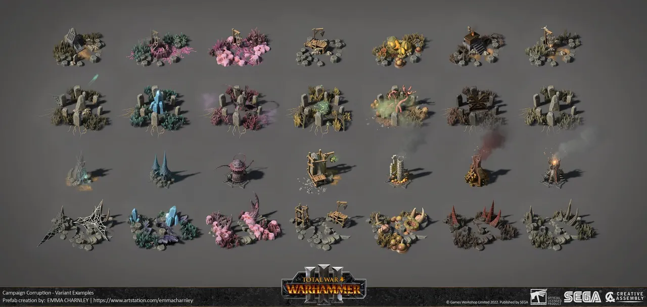 Emma Charnley, campaign corruption variants for Total War: Warhammer III. The same pieces shown in several states. Creative Assembly / SEGA, 2022.