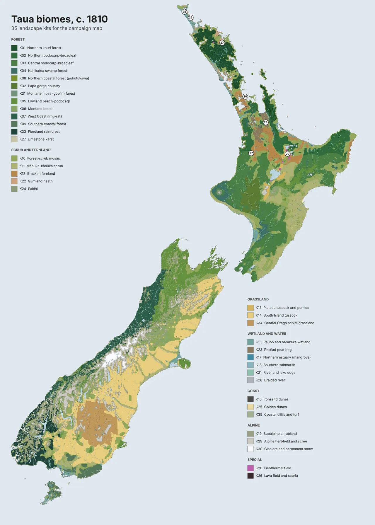 Taua's 35 landscape kits mapped across Aotearoa. Built from the cover around 1840, Landcare Research's potential vegetation and LINZ topographic data.
