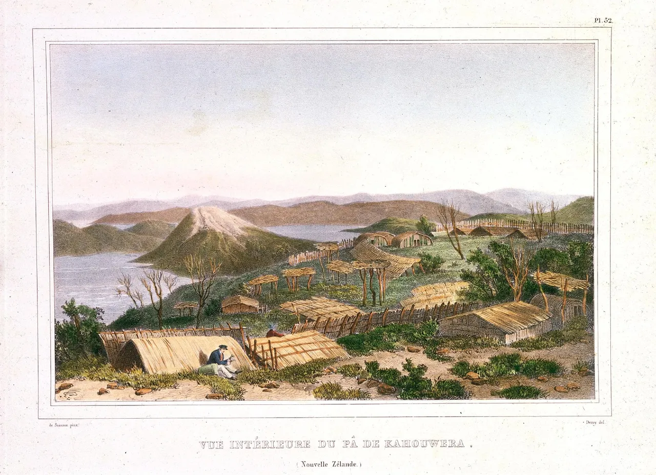 Louis Auguste de Sainson, Vue intérieure du pā de Kahouwera, Bay of Islands, from d'Urville's 1827 visit. Alexander Turnbull Library, B-052-008.